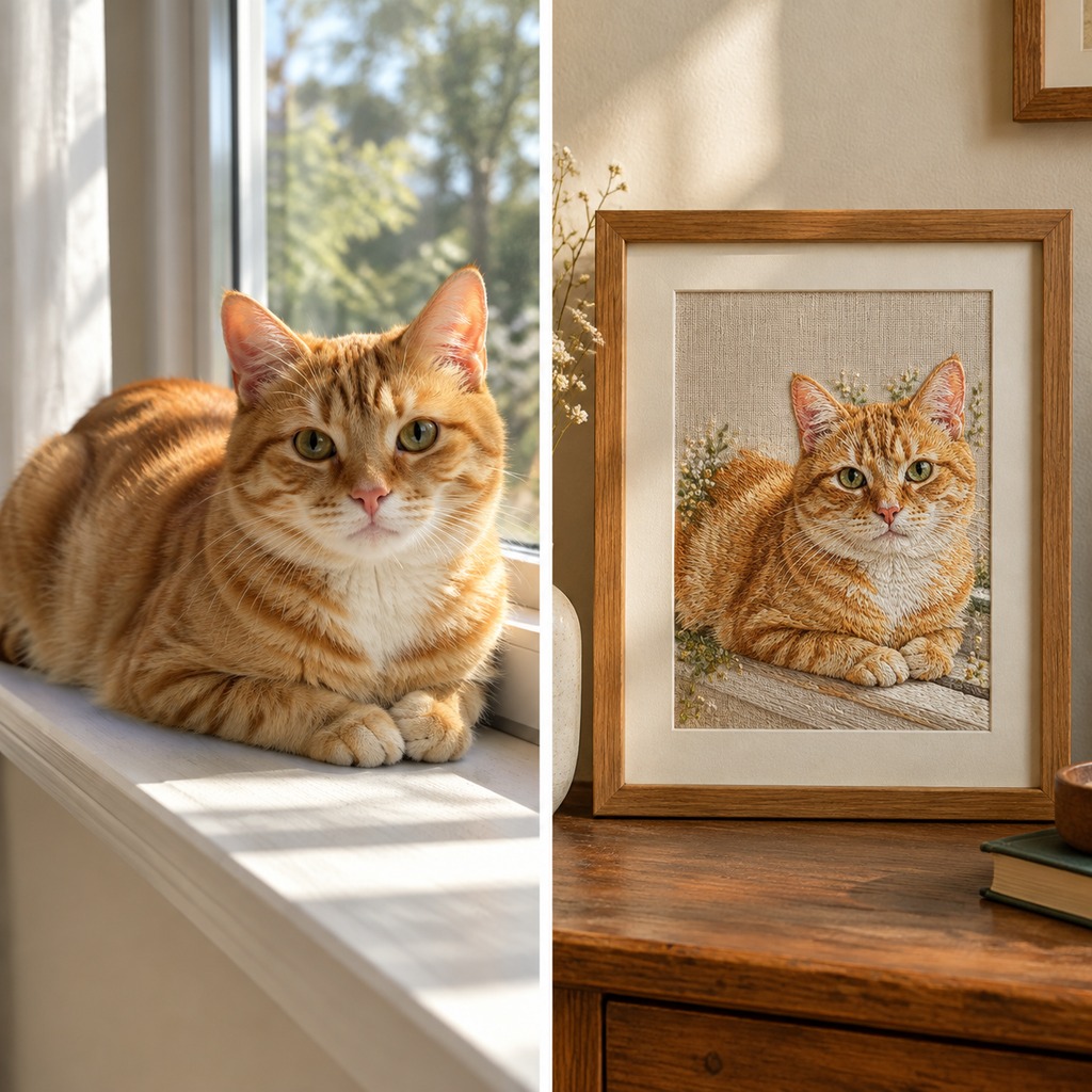Tabby cat photo and finished hand-embroidered portrait
