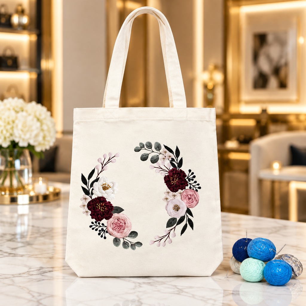 Canvas Tote Embroidery Kit — Elegant Grace (Natural)