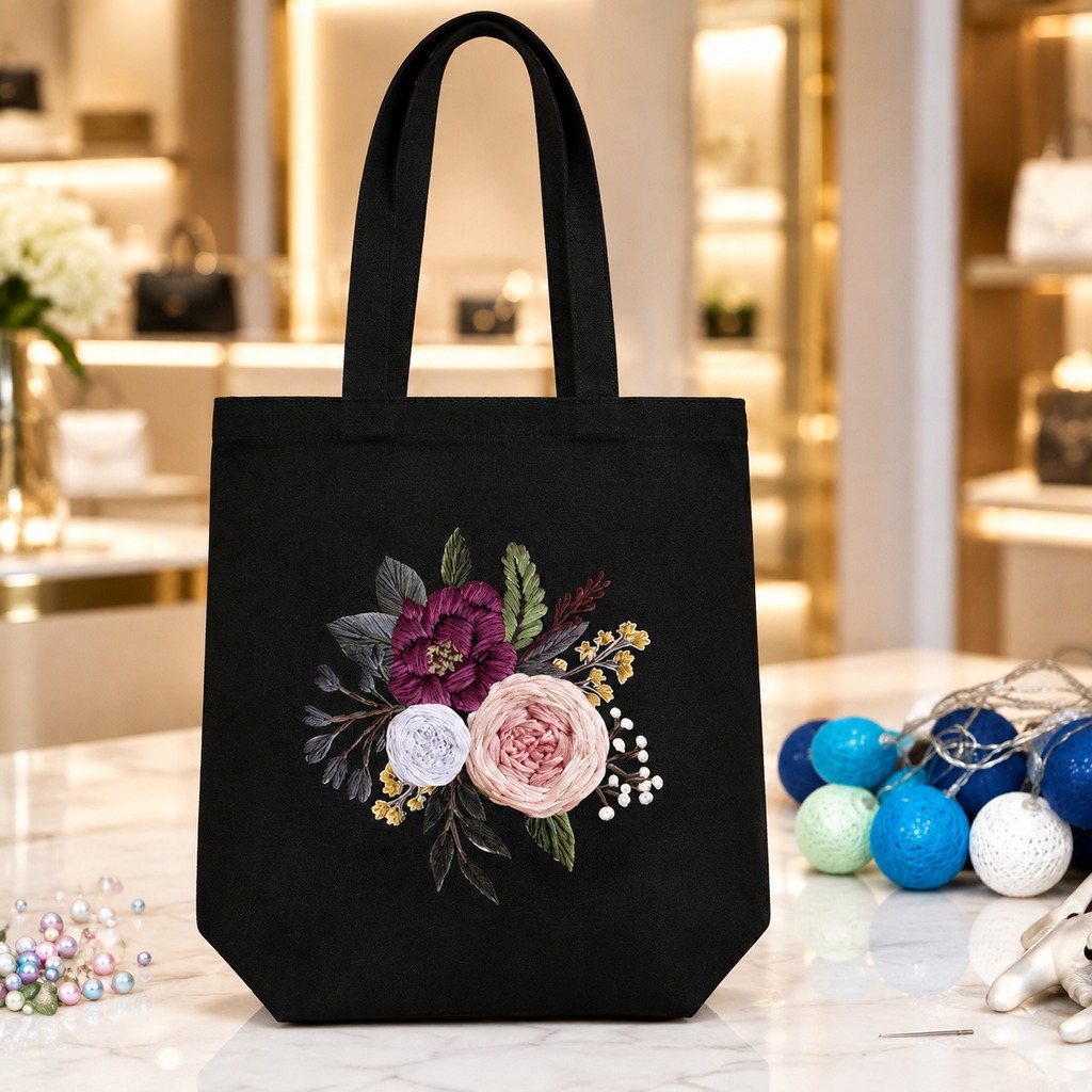 Canvas Tote Embroidery Kit — Elegant Grace (Black)