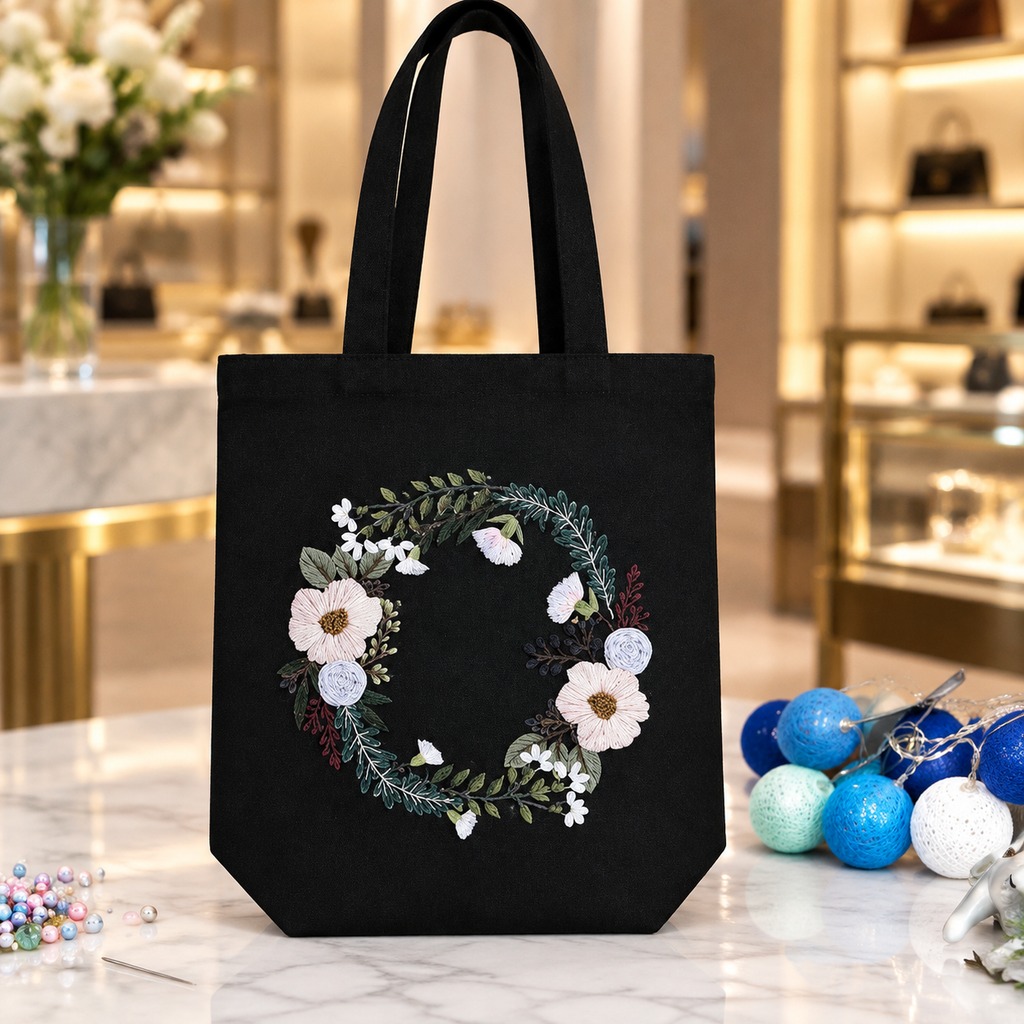 Canvas Tote Embroidery Kit — Century Blossoms (Black)