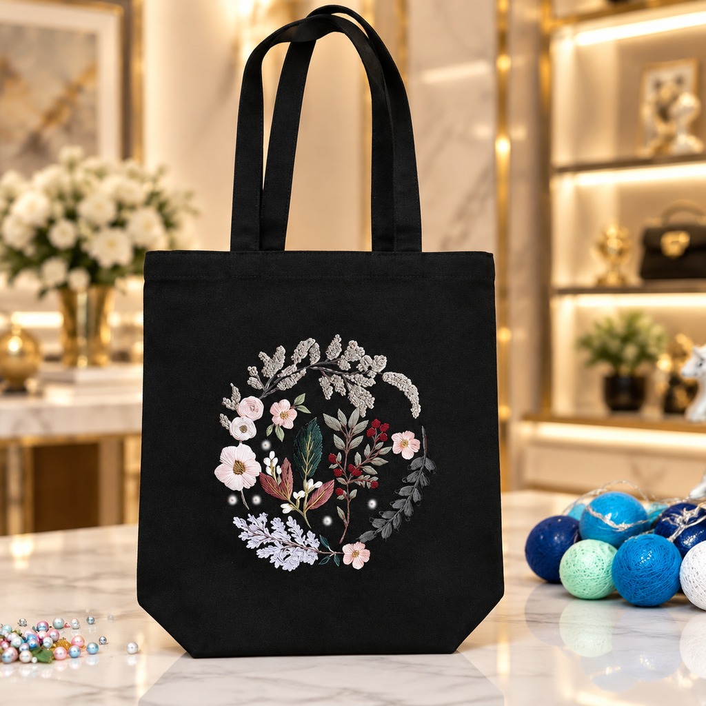 Canvas Tote Embroidery Kit — Forget-Me-Not (Black)