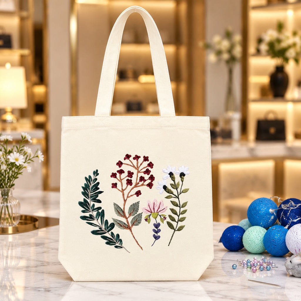 Canvas Tote Embroidery Kit — Flower Story (Natural)