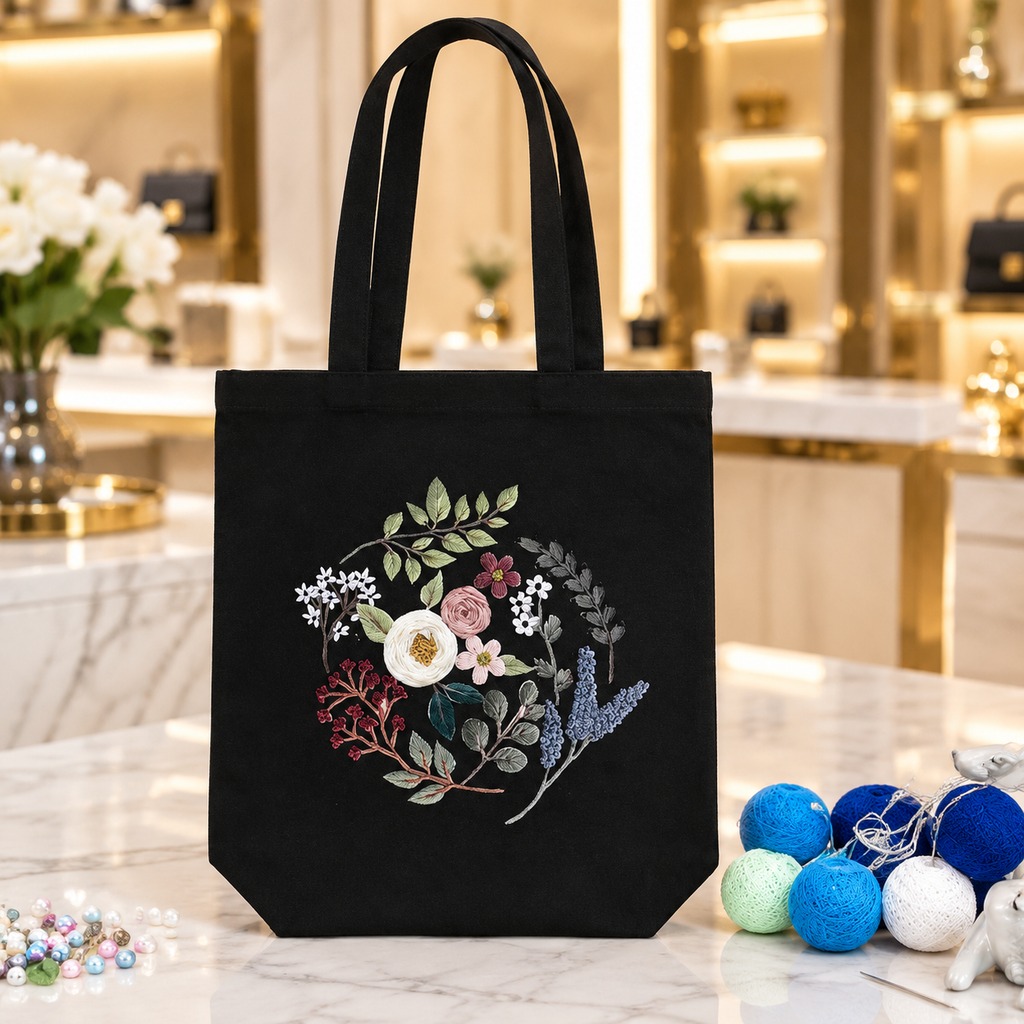 Canvas Tote Embroidery Kit — Flower Story (Black)