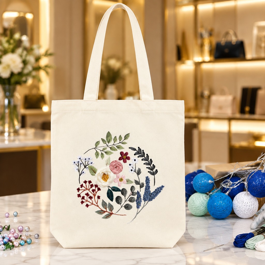 Canvas Tote Embroidery Kit — Star Flowers (Natural)