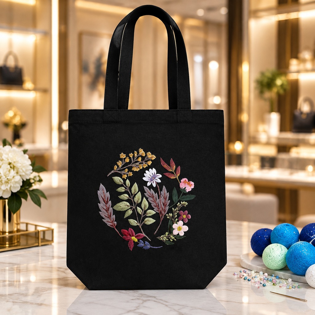 Canvas Tote Embroidery Kit — Star Flowers (Black)