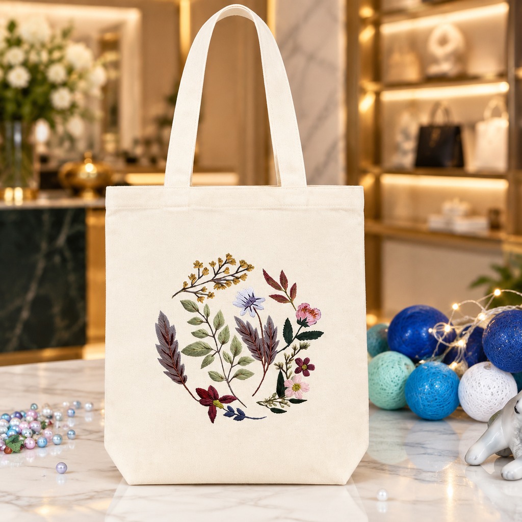 Canvas Tote Embroidery Kit — Fireworks & Moonlight (Natural)