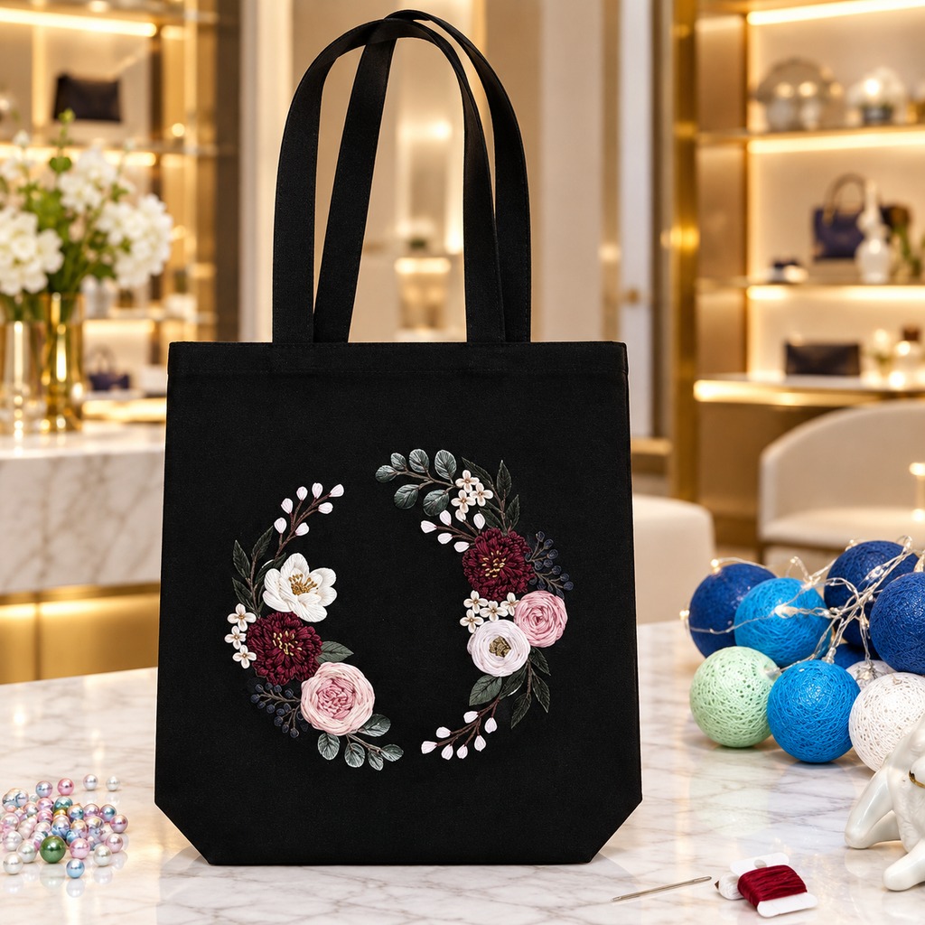 Canvas Tote Embroidery Kit — Fireworks & Moonlight (Black)